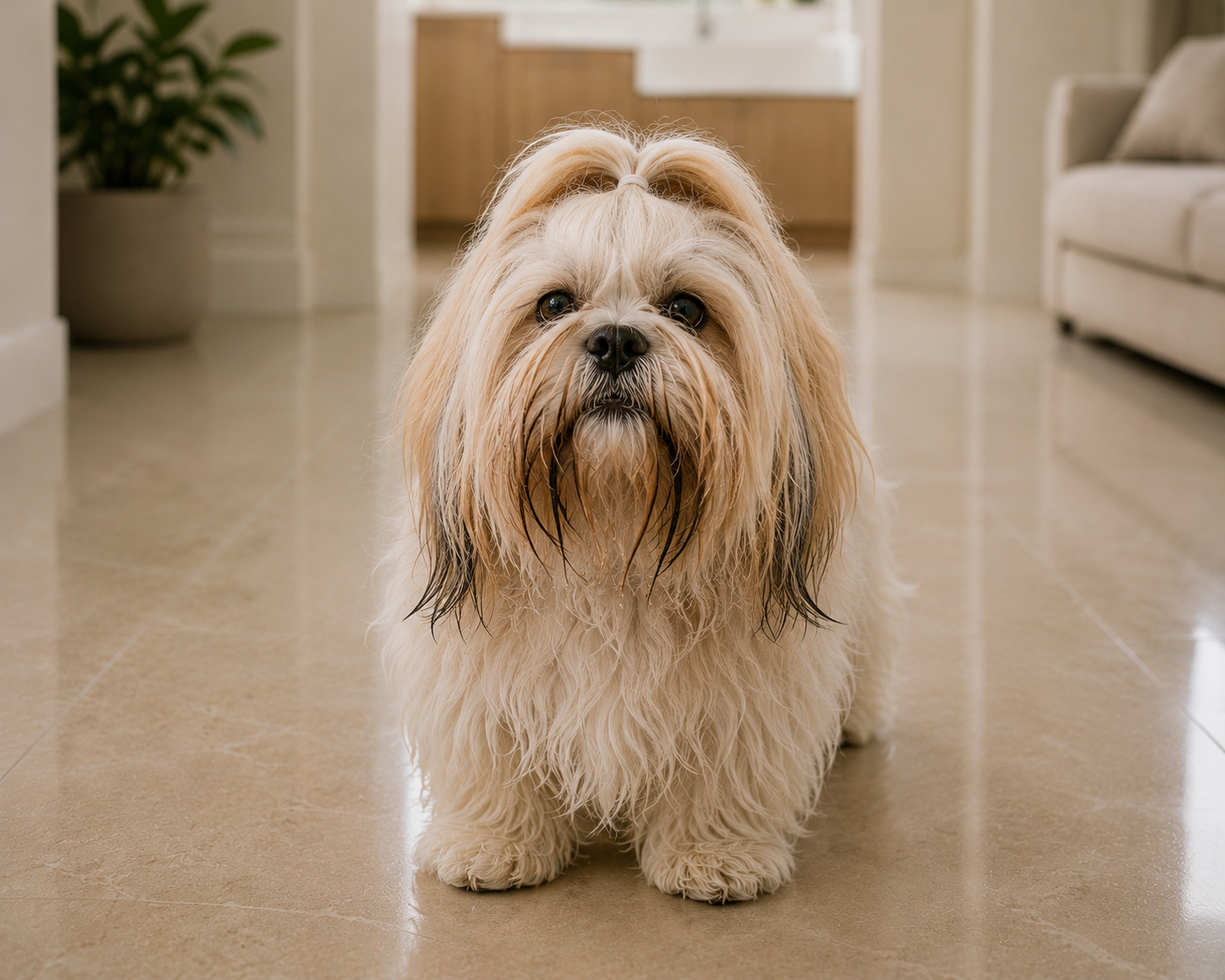 Long-haired dog with wet fur and muzzle